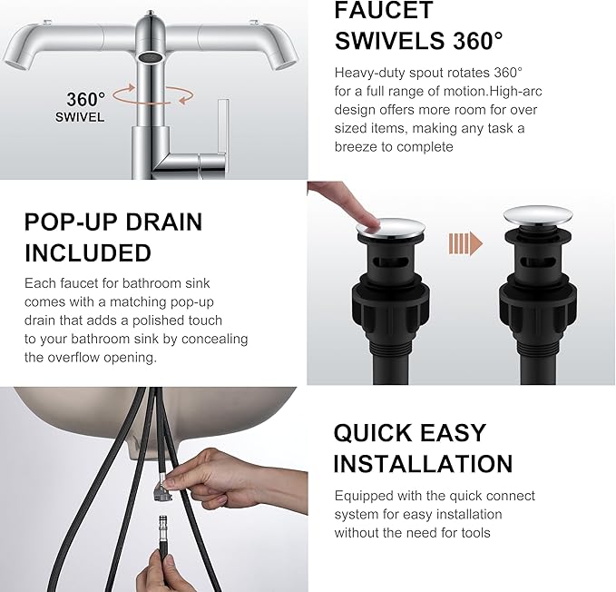 KENES Pull Out Bathroom Faucet with Sprayer, Polished Chrome Single Handle Bathroom Sink Faucet with Pull Down Sprayer, Vanity Bar Faucet with Pop Up Drain & Deck Plate, LJ-9055A-5