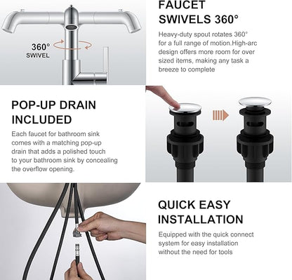 KENES Pull Out Bathroom Faucet with Sprayer, Polished Chrome Single Handle Bathroom Sink Faucet with Pull Down Sprayer, Vanity Bar Faucet with Pop Up Drain & Deck Plate, LJ-9055A-5
