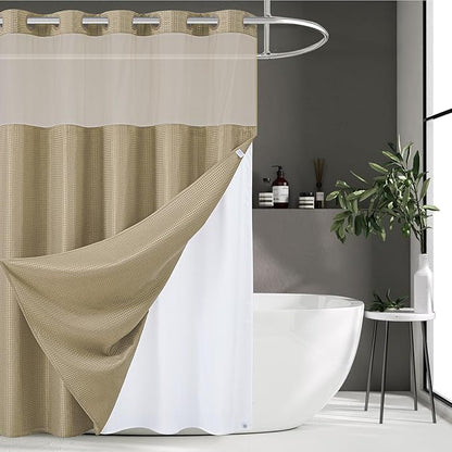 Furlinic Stall Shower Curtain No Hook with Snap in Liner,Waffle Weave Waterproof Bathroom Curtains with See Through Top Window & Weighted Magnets,Beige,54x80 Inch
