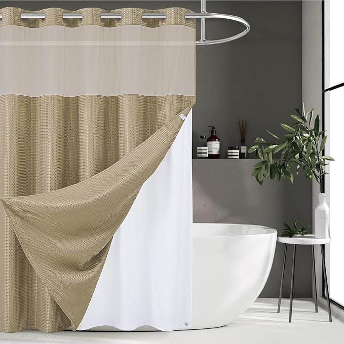 Furlinic Waffle Weave No Hook Shower Curtain with Snap in Fabric Liner Set,Heavy Duty Textured Bathroom Curtain with See Through Window,Waterproof & Machine Washable,Hotel Style,Beige,71x75 Inch