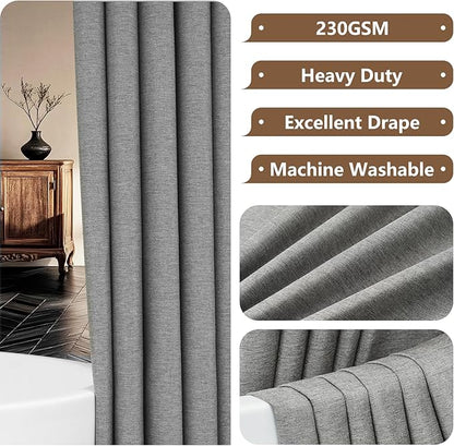 Linen Look Country Rustic Fabric Shower Curtain Grey, Heavy Duty Faux Linen Textured Shower Curtain Water-Resistant, 72 x 72 Inch Natural Gray Hotel Bathroom Shower Curtains Machine Washable