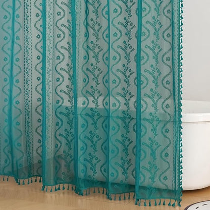 WAZZIO Teal Lace Shower Curtain for Bathroom 72" W x 72" L, Victorian Farmhouse Floral Pattern Tassel Fancy Shower Curtain Boho Washable Cloth Decorative Bath Curtains,1 Panel,Turquoise