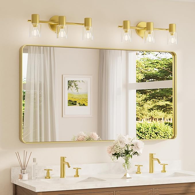 55 x 30 Inch Bathroom Mirror, Brushed Gold Metal Framed Wall Mounted Mirrors, Brushed Brass Rectangle Modern Decorative Vanity Mirror (Horizontal/Vertical)