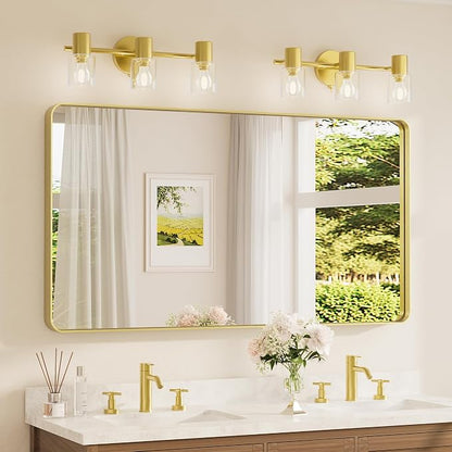 55 x 30 Inch Bathroom Mirror, Brushed Gold Metal Framed Wall Mounted Mirrors, Brushed Brass Rectangle Modern Decorative Vanity Mirror (Horizontal/Vertical)