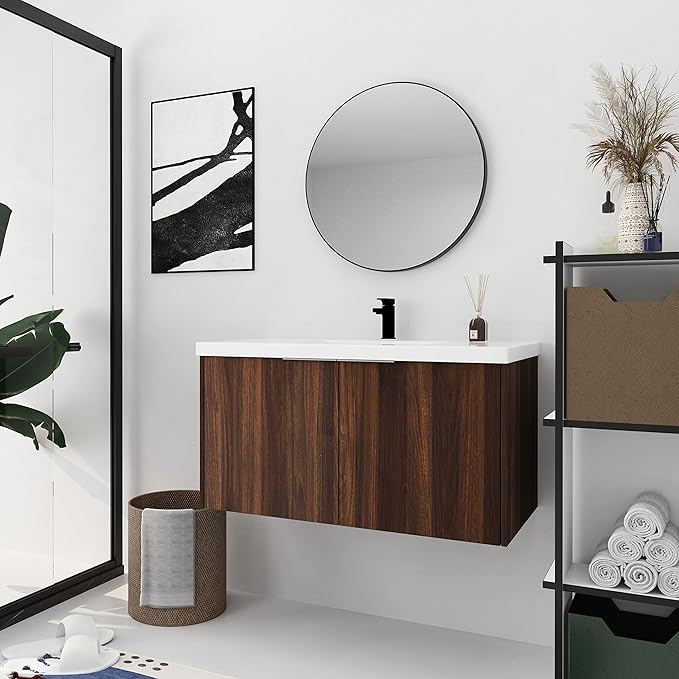 Bathroom Vanity with Sink 36 Inch, Single Sink Modern Bathroom Vanities Set, Wall-Mounted Bathroom Vanity, Floating Soft Close Door