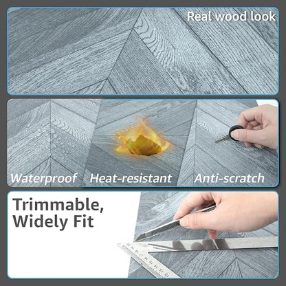 Art3d 60-Pack Herringbone Peel and Stick Floor Planks, 12 x 12 in, Grey | Premium Vinyl, Self-Adhesive, Waterproof, Wood Grain, Fade-Resistant, Scratch-Proof, Ideal for Kitchen, Dining Room, Bedrooms