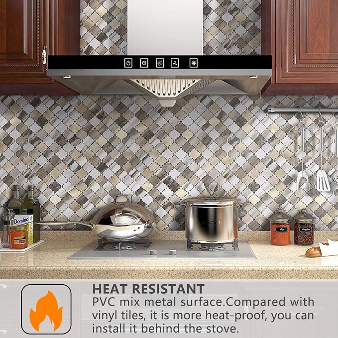 STICKGOO Arabesque Peel and Stick Backsplash Tile, Stick on Backsplash for Kitchen and Bathroom, Gold Wood Grain Marble Look PVC Mixed Metal Aluminum Mosaic Tiles(10 Sheets)