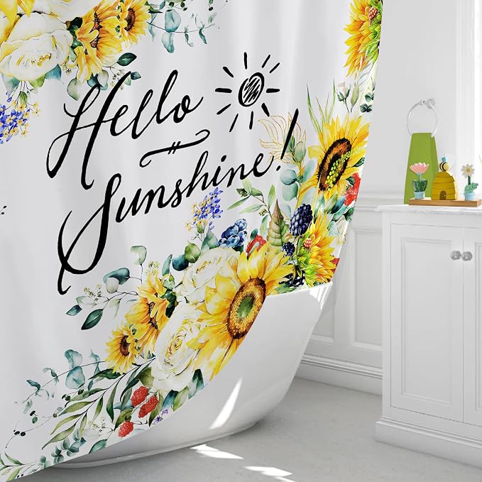 Hello Sunshine Shower Curtain Summer Sunflower Shower Curtain Set for Bathroom Decor Waterproof Machine Washable Shower Curtains with 12 Hooks, 72x72 Inch