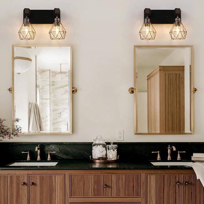 VbiTmn Black Gold Bathroom Light Fixtures, 2-Light Farmhouse Vanity Light | Metal Diamond Shade, Rustic Wall Mount Over Mirror for Bedroom & Hallway, Easy to Install, Sturdy Build for Bathroom Use