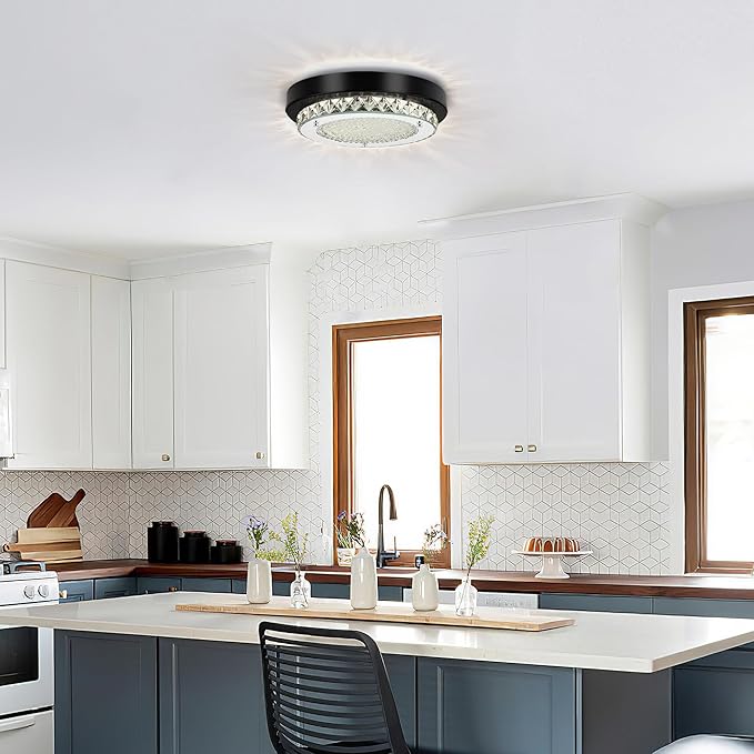 Flush Mount Ceiling Light LED Crystal Bathroom Light Fixture Small 10 Inch Dimmable Hallway Lighting Black Modern Foyer Ceiling Lights for Entryway Laundry Room Mini Kitchen Ceiling Light