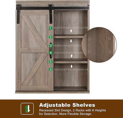 RUSTOWN Farmhouse Wood Wall Storage Bathroom Cabinet with Sliding Barn Door, Rustic Medicine Cabinet with Adjustable Shelf, 3-Tier Vintage Cabinet for Kitchen, Bathroom, Living Room (Washed Oak)