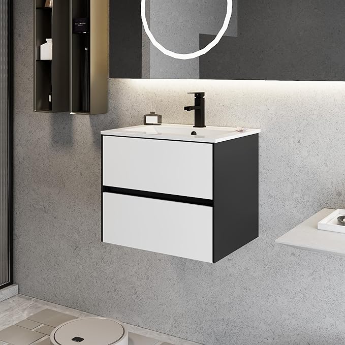 eclife 24" Bathroom Vanity Cabinet with Undermount White Sink Combo, Wall Mounted Floating Bathroom Cabinet with Colors Mixed Style, 2 Big Drawers & Matte Black Faucet
