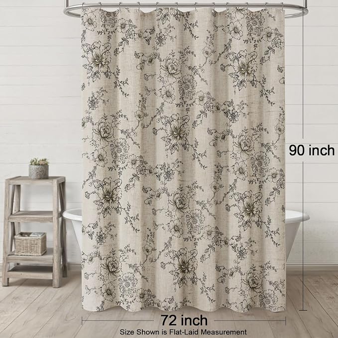 Farmhouse Floral Vintage Shower Curtain for Bathroom, Black and Tan Taupe | 72" W x 90" L, Elegant Boho Pattern Bath Curtain,Linen Fabric