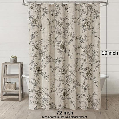 Farmhouse Floral Vintage Shower Curtain for Bathroom, Black and Tan Taupe | 72" W x 90" L, Elegant Boho Pattern Bath Curtain,Linen Fabric
