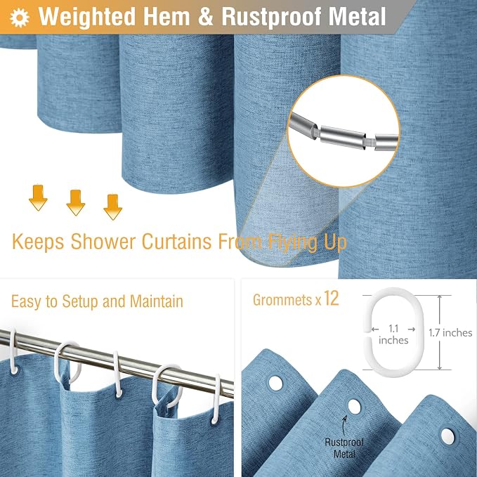 Extra Long Linen Textured Shower Curtain, 72x96, Moonlight Blue | Extra Tall Size, 230GSM Polyester, Heavy Duty Waterproof Cloth, Weighted Hem, 12 Hooks, Modern Hotel Style, Machine Washable