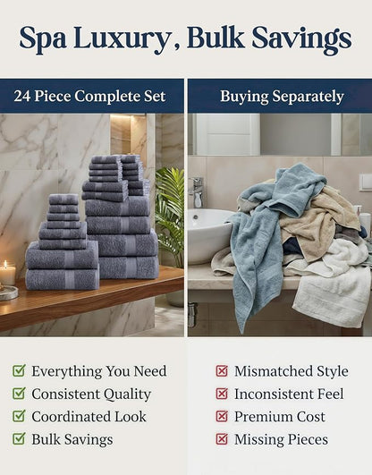 LANE LINEN 100% Cotton Bath Towels Set - 24 PCs - Durable, Quick Dry, Super Soft & Highly Absorbent - 4 Bath, 4 Fingertip, 6 Hand Towels, 8 Washcloths, 2 Bath Sheets - Perfect Family Set - Cool Grey | Towels And Washcloths Sets - Oversized & Roomy, Lig...