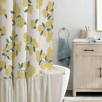 ORTIGIA Linen Textured Ruffle Shower Curtain with Metal Hooks, Vintage Yellow Hydrangea Floral Boho Waterproof Bath Curtain for Rustic Farmhouse Bathroom Decor 72x72 Inch