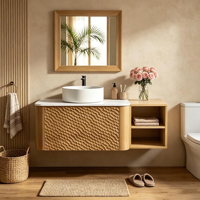 42 Inch Modern Bathroom Vanity with Ceramic Sink, Floating Bathroom Sink Cabinet with Sintered Stone Top&Solid Wood Hammered Frame, Single Bathroom Vanities w/Soft-Close Drawer&Side Open Cube
