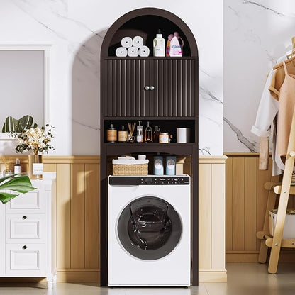 Spurgehom Arch Over The Toilet Storage Cabinet, Bathroom Organizer (Coffee) | Freestanding Bathroom Shelf Equipped with Anti-Tipping Device, Space-Saving Vertical Toiletries Storage Cabinet
