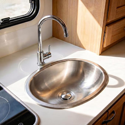 LQS Oval RV Bathroom Sink, 16.73 x 11.81 Inch Stainless Steel RV Sink | Topmount Oval RV Sink for Camper Bathrooms, Kitchens and Bars; 5.12-Inch Depth with Sink Drain Assembly Included