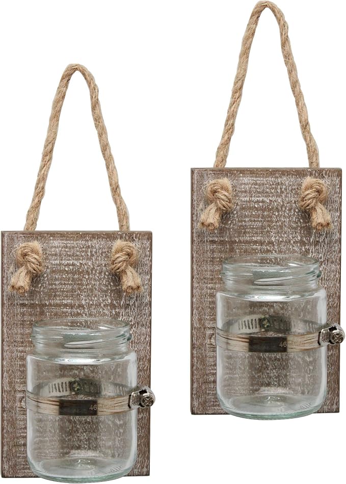Stonebriar Rustic White Wash Wooden Mason Jar Wall Sconce Set with Hanging Loop