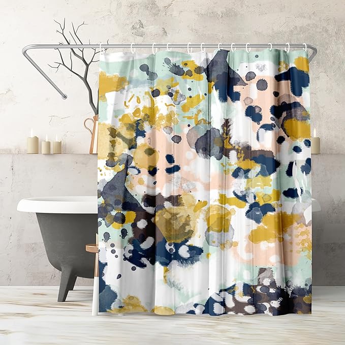 Americanflat 71x74 Abstract Shower Curtain - Water-Resistant Long Shower Curtain with Metal Grommets and 12 Hooks - 100% Polyester - Navy Blue, Yellow, Blush Pink, Mint Green, Charcoal and White