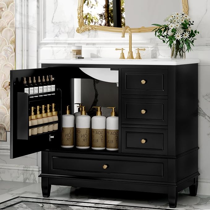 36" Vanity with Sink, Bathroom Vanities 36 Inch with Sink, Single Sink Bathroom Vanity with Door Shelf and Three Drawers, Restroom Vanity with Sink Top (Black)