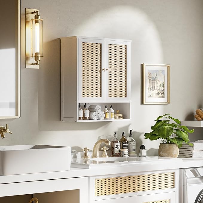 HITNET Rattan Wall Cabinet, Bathroom Hanging Storage Cupboard Over The Toilet, Space Saving Medicine Cabinet with Adjustable Shelf, White