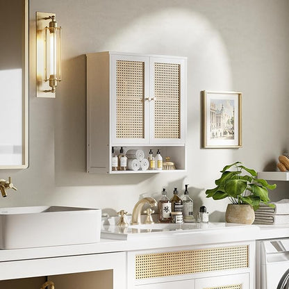 HITNET Rattan Wall Cabinet, Bathroom Hanging Storage Cupboard Over The Toilet, Space Saving Medicine Cabinet with Adjustable Shelf, White