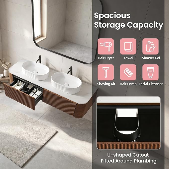 60" Floating Bathroom Vanity with Double White Sink, Walnut | Pre-Assembled Fluted Wall Mounted Vanity with Sintered Stone Countertop, Rounded Edges, Soft-Close Drawers & Towel Rack