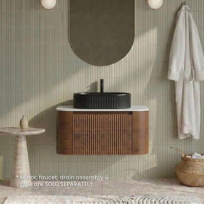 30" Preassembled Floating Bathroom Vanity with Black Sink, Walnut | Mid-Century Modern Style, Fluted & Soft-Close Drawer with U-shaped Wall, Sinterted Stone Countertop, Towel Rack Included