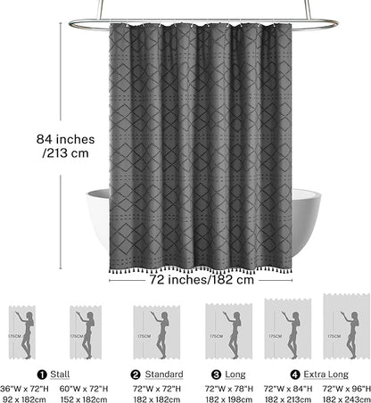Extra Long Boho Grey Woven Fabric 84 Inch Shower Curtain 72 x 84 Tufted Chevron Striped Shabby Chic Textured, Modern Farmhouse Minimalist, Water Resistant Curtain Set for Bathroom, Hotel Decor