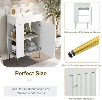 Merax 21.6 Inch Bathroom Vanity with Top Sink, Modern Small Bathroom Storage Cabinet with Left Side Storage, Solid Wood Frame Single Sink Bath Vanities, White