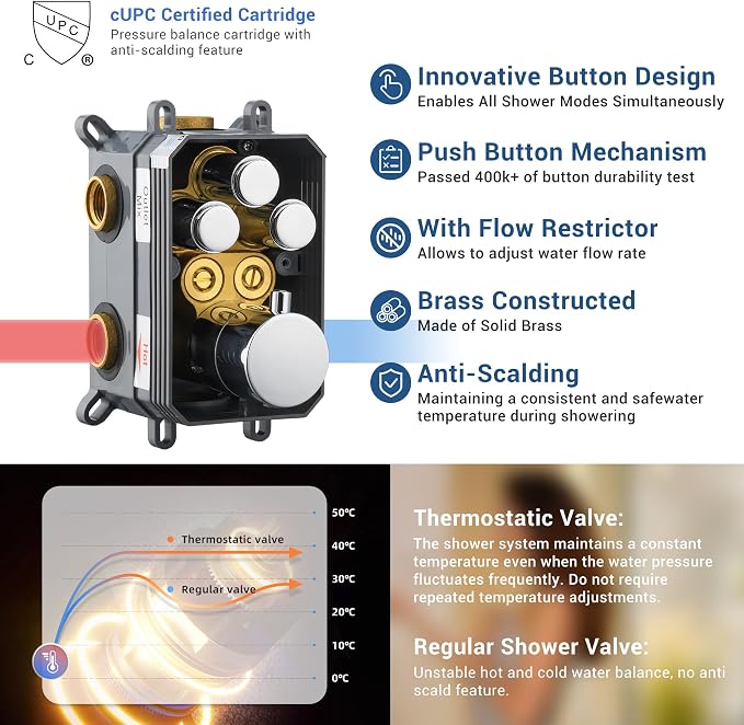 Thermostatic Dual Shower Head System, Chrome Shower Faucet | 12 Inch Ceiling Rainfall Shower, 6 Inch Wall Mount Head, High Pressure Handheld Sprayer, Push Button Valve