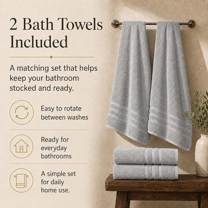Velqora Bath Towels, 2 Pack, 30x60 in, 100% Cotton, Soft, Light Gray | Absorbent Terry | Balanced Weight | Easy Care