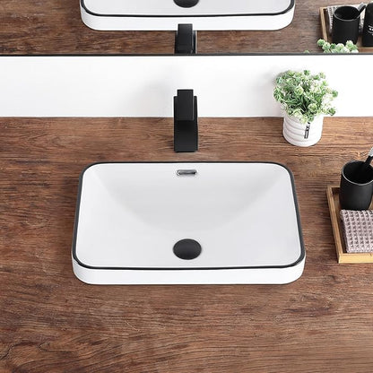 Bathroom Vessel Sink 20.6'' x 14.7'' Semi Recessed Bathroom Sink Rectangular Drop In Sink with Overflow White with Black Trim Ceramic Modern Vessel Sinks for Bathroom