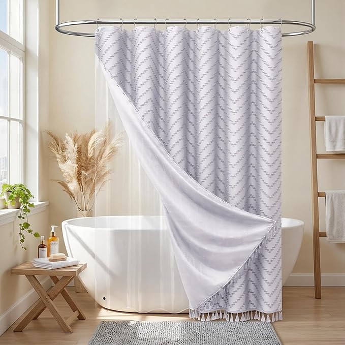 Dynamene Long Shower Curtain and Liner Set - 78 inch Tall Boho Shower Curtain and Waterproof Clear Liner, Tufted Chevron Striped Textured Tassel Shower Curtains for Bathroom, 12 Hooks, 72x78, Lavender