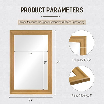 Natural Wall Mirror for Bathroom,Rectangle 24 x 36 inch Vanity Mirrors | Hanging Mirror with Wood Grain Frame for Living Room,Bedroom,Entryway