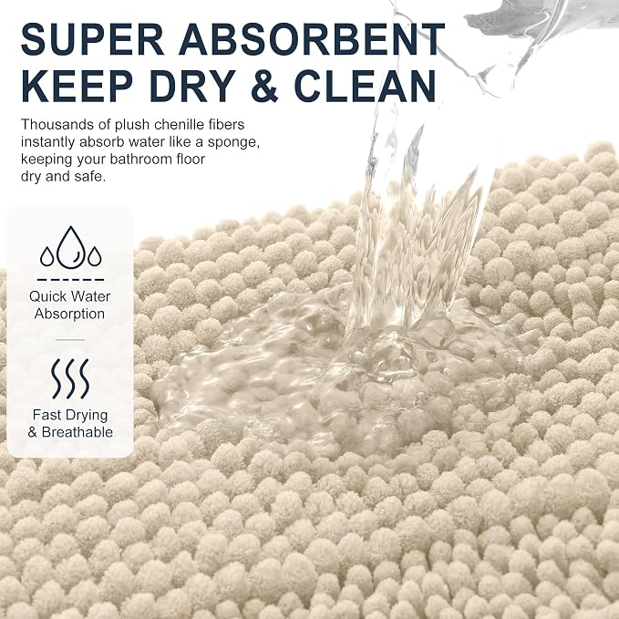 Smiry Thick Chenille Bathroom Runner Rugs 44x24, Absorbent Bath Mat, Sand | Quick‑Dry & Machine Washable, Non‑Slip Bath Carpet, Soft Striped Bath Rugs for Tub & Shower, Modern Home Decor Accessories