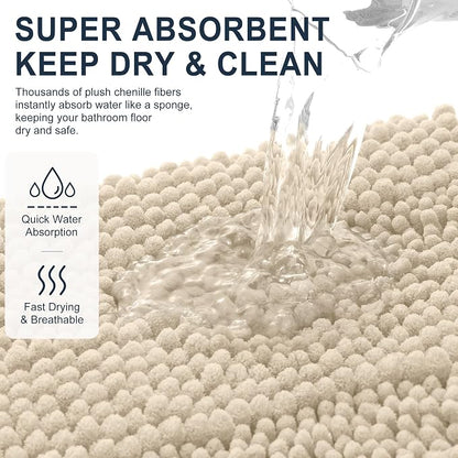 Smiry Thick Chenille Bathroom Runner Rugs 44x24, Absorbent Bath Mat, Sand | Quick‑Dry & Machine Washable, Non‑Slip Bath Carpet, Soft Striped Bath Rugs for Tub & Shower, Modern Home Decor Accessories