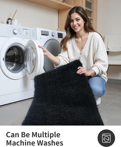 ILANGO Black Toilet Rugs U Shaped 22" × 24" Non Slip & Super Absorbent Extra Thick Soft, Washable Bath Mats for Bathroom Floor, Microfiber Plush Shaggy Contour Bath Rugs for Toilet,Dry Quick