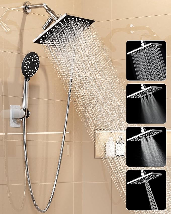Veken Multi-Function Rain Shower Head with Handheld, High Pressure, Square | Rainfall Showerhead, Dual Shower Heads Combo, 5-mode Detachable Hand Held Spray with Hose, regaderas para shower, Chrome