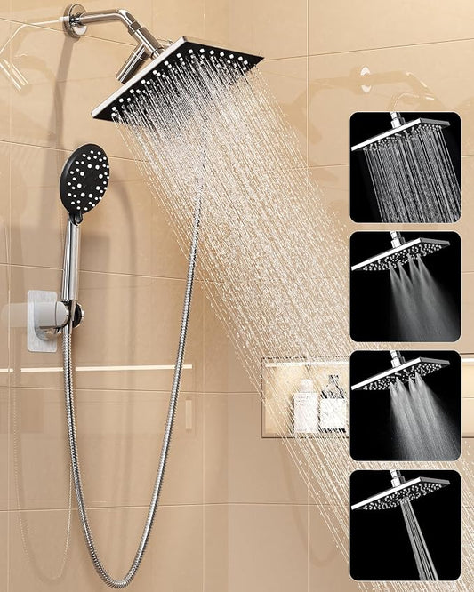 Veken Multi-Function Rain Shower Head with Handheld, High Pressure, Square | Rainfall Showerhead, Dual Shower Heads Combo, 5-mode Detachable Hand Held Spray with Hose, regaderas para shower, Chrome