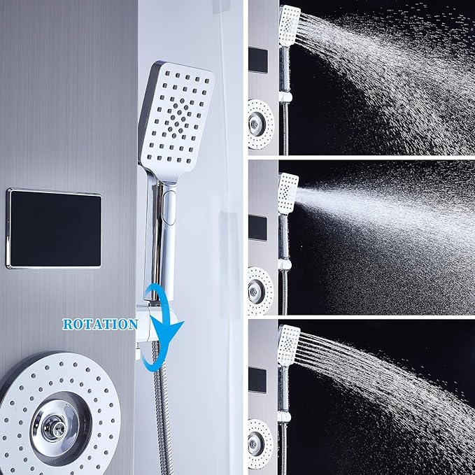 ELLO&ALLO LED Rainfall Waterfall Shower Head Rain Massage System with Body Jets Stainless Steel Bathroom Shower Panel Tower System, Brushed Nickel