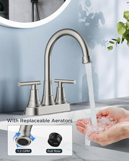 FORIOUS Bathroom Faucets Brushed Nickel, 4 Inch Centerset Bathroom Sink Faucet 2 or 3 Hole with Pop up Drain and cUPC Hose, Two Handles Control, 360° spout for Restroom,Vanity, Rv, 2 Pack