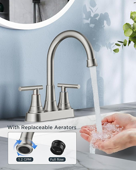 FORIOUS Centerset Bathroom Faucets for Sink 2 or 3 Hole, Brushed Nickel 4 Inch Bathroom Sink Faucet with Pop up Drain and cUPC Hose, 360° spout, Two Handles for Restroom,Vanity, RV Remodel