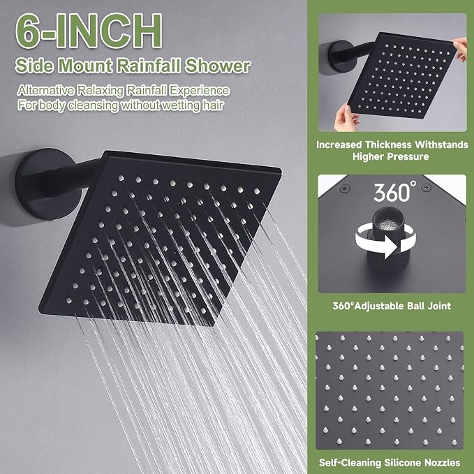 Shower System Matte Black Dual Shower Head with Body Jets, Oupukle Four Modes Shower Faucet Set Ceiling Mount 12" Rain Shower Head & 6" Wall Mounted Head with 6PCS Body Jets