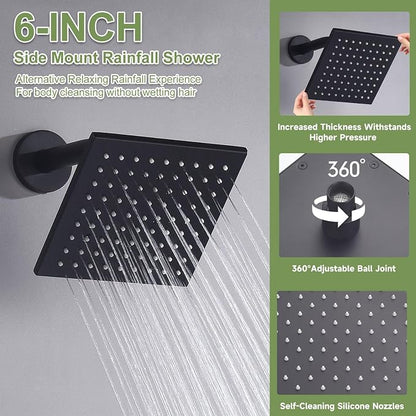 Shower System Matte Black Dual Shower Head with Body Jets, Oupukle Four Modes Shower Faucet Set Ceiling Mount 12" Rain Shower Head & 6" Wall Mounted Head with 6PCS Body Jets
