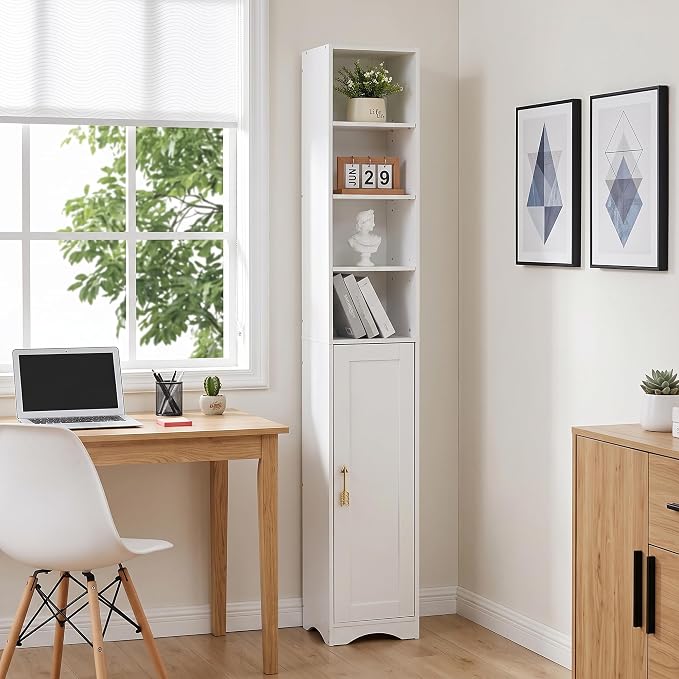 VECELO Narrow Tall Cabinet with Closed Door, 6 Adjustable Movable Shelves, Wood Space Saving Corner Storage Unit, Pearl White