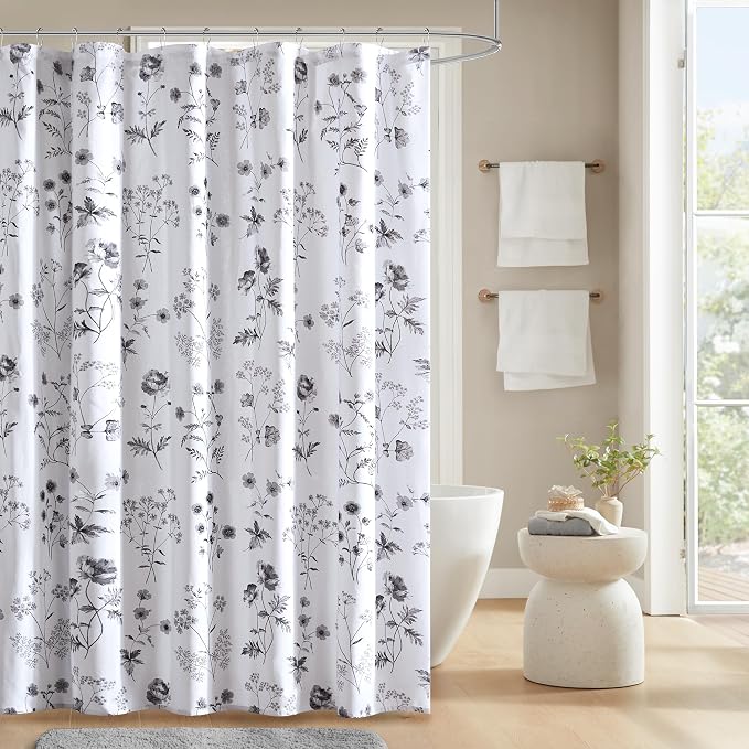 Martha Stewart Cotton Floral Extra Long Shower Curtain, 72 x 72, Black | Martha's Garden Series, Botanical Floral Print, Spa Quality Modern, Machine Washable, Modern Bathroom Curtains